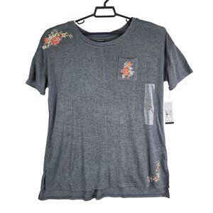 Womens Gray Hannah Floral Embroidered Blouse Top Crew Neck Short Sleeve Size XL